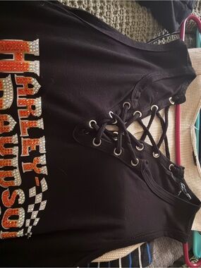 Black Harley Davidson Lace-Up Tank Top with Red and Silver Rhinestone Graphic